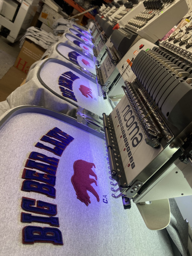 Custom Embroidery Machine making Big Bear Lake t Shirt